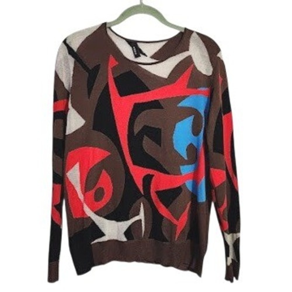 AKRIS Mulberry Silk Cotton Abstract Geometric Knit Pullover Sweater size 10